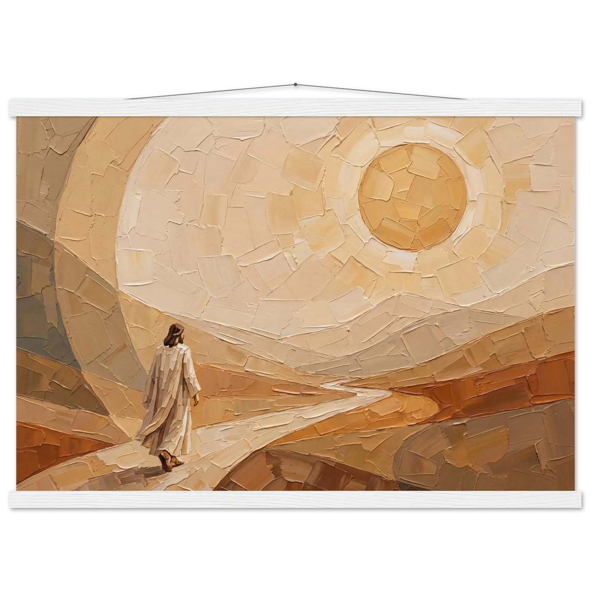 Lightfall: jesus, landscape and golden tones. Fine art poster with wooden hanger by The Light Stays.