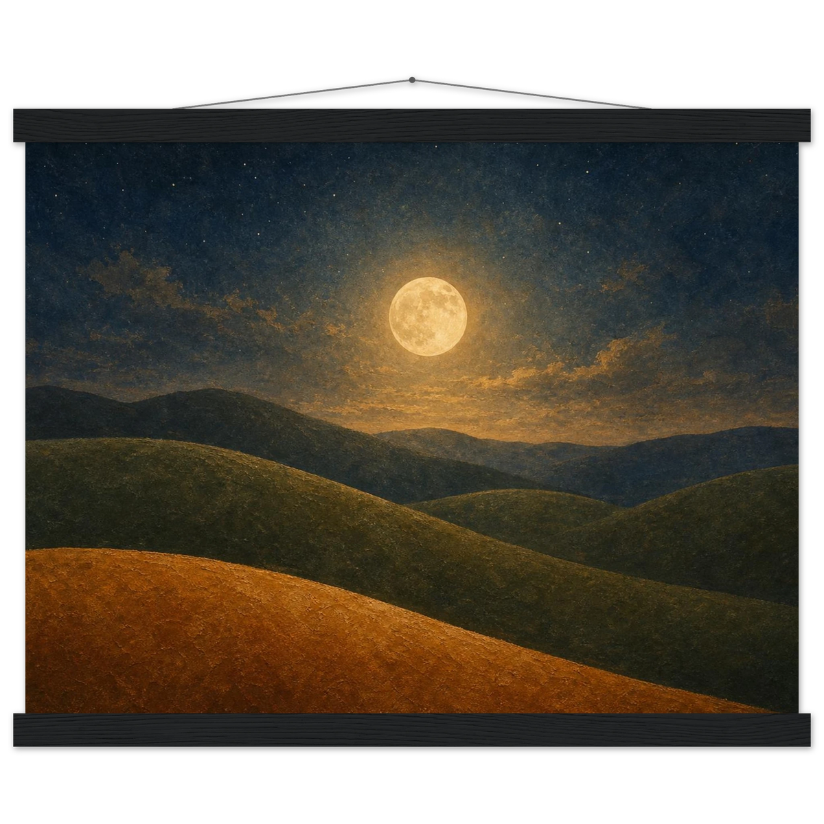 Moon Hills: night, minimalist landscape and charcoal. Fine art poster with wooden hanger by The Light Stays.
