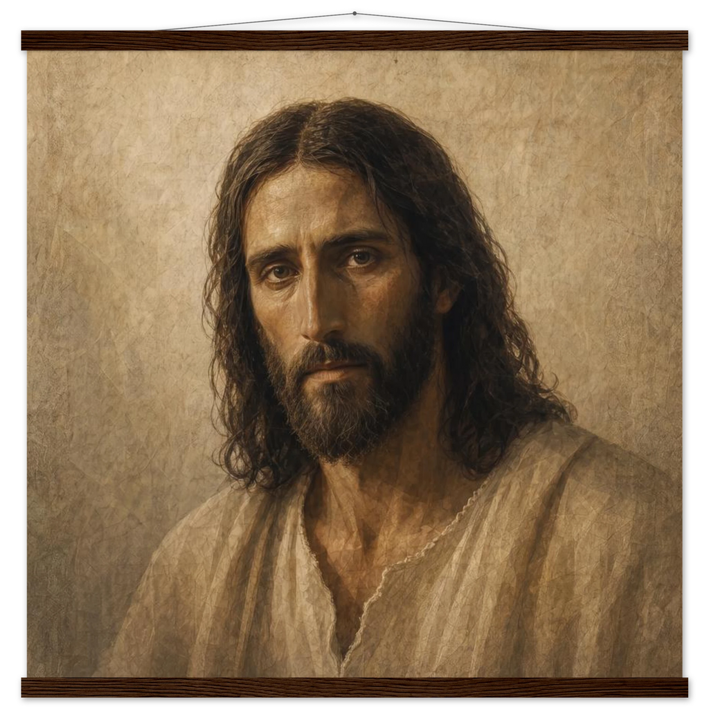 Pôster Kind Eyes com suporte de madeira, retrato sereno de Jesus em luz quente