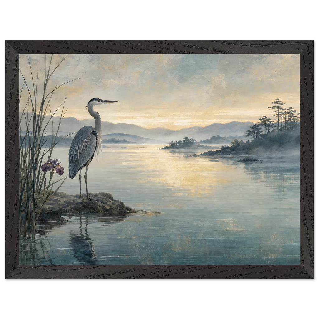 Heron at Dawn: japanese art and japandi. Framed fine art print, alternate frame and size.