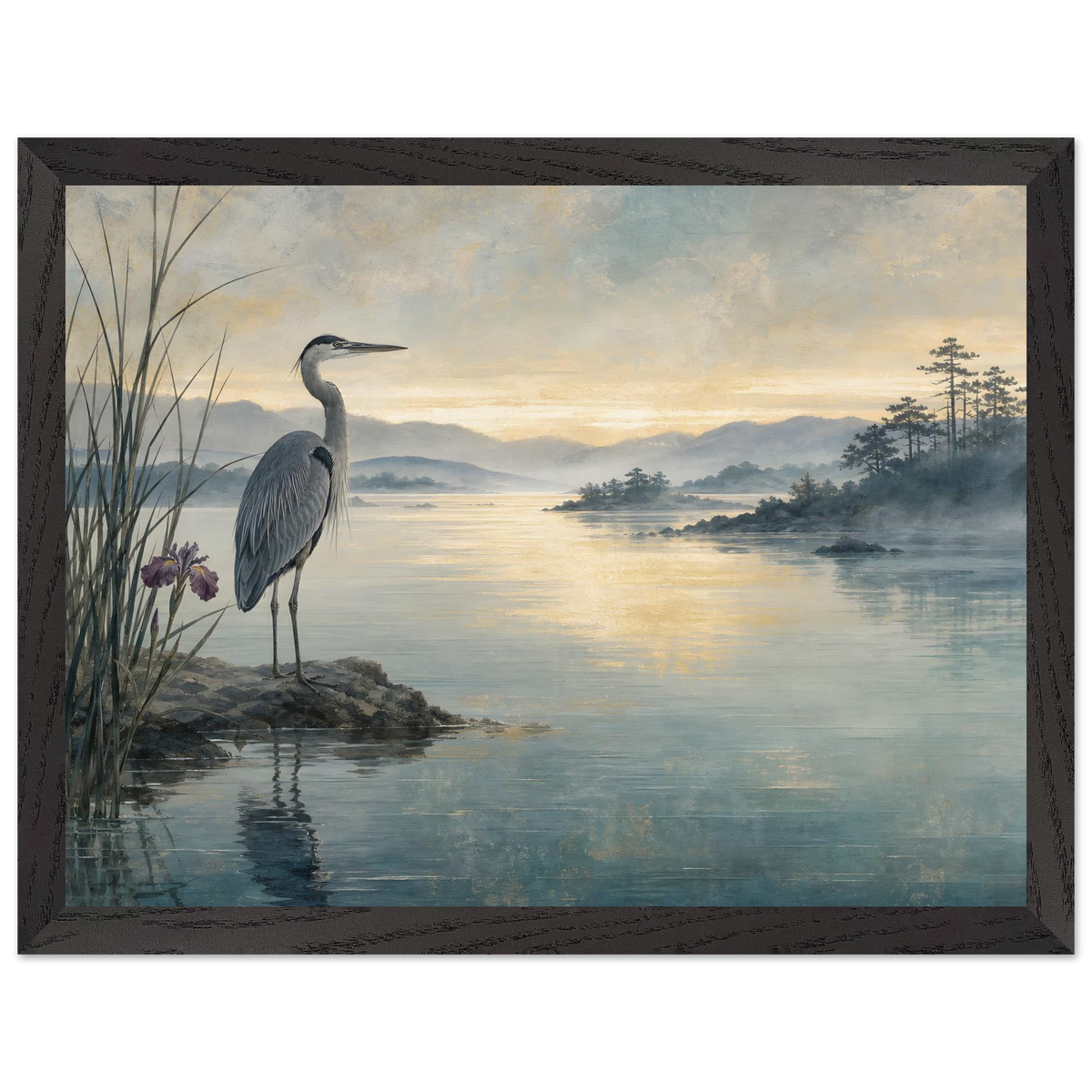 Heron at Dawn: japanese art and japandi. Framed fine art print, alternate frame and size.