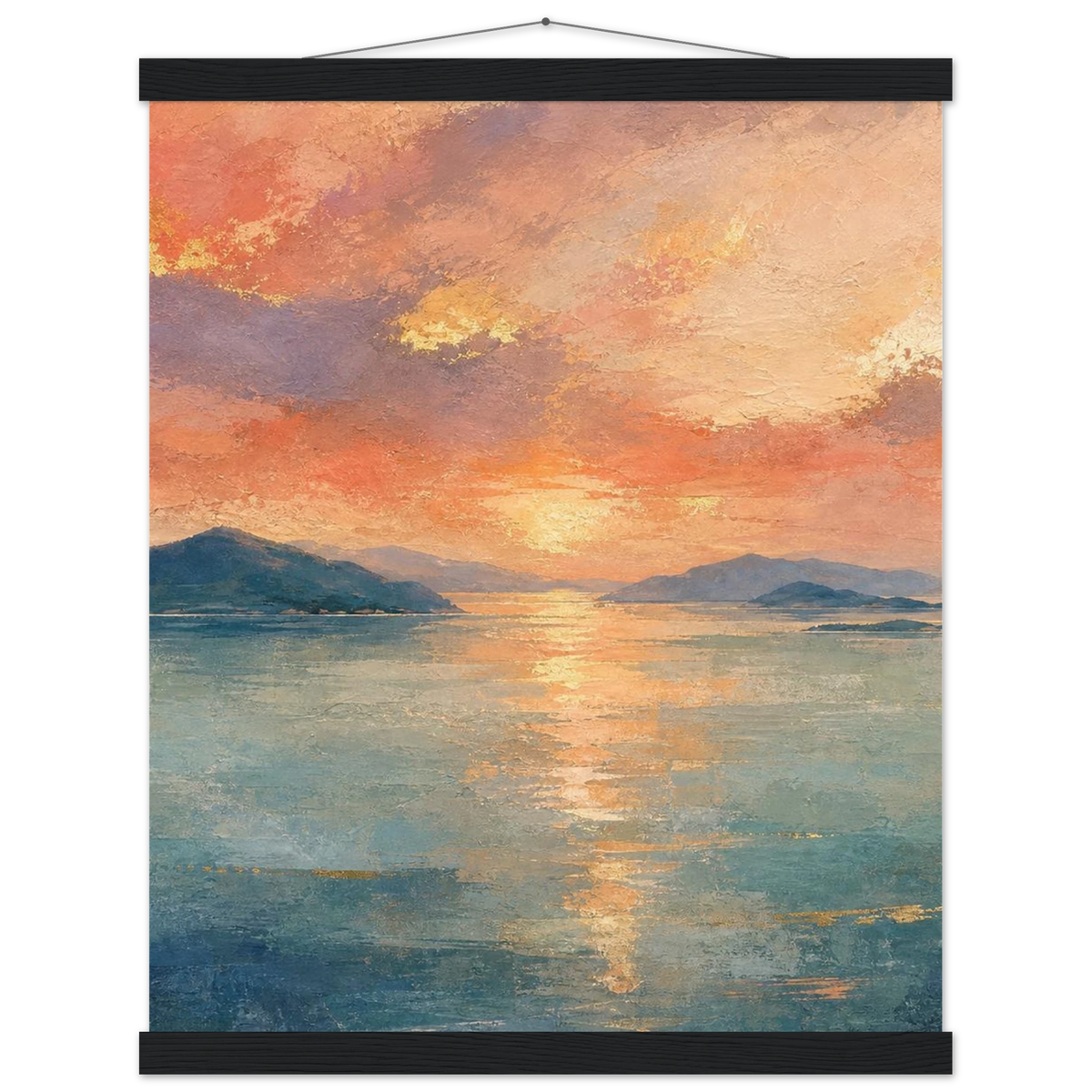 Setouchi Peach Dawn: inland sea, islands and golden reflection. Fine art poster with wooden hanger by The Light Stays.