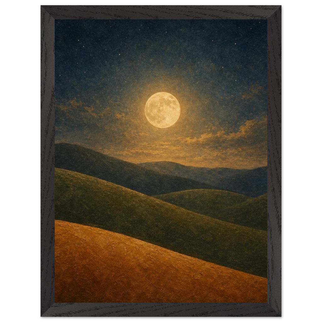 Quadro emoldurado Colinas da Lua, lua cheia sobre colinas em oliva e argila