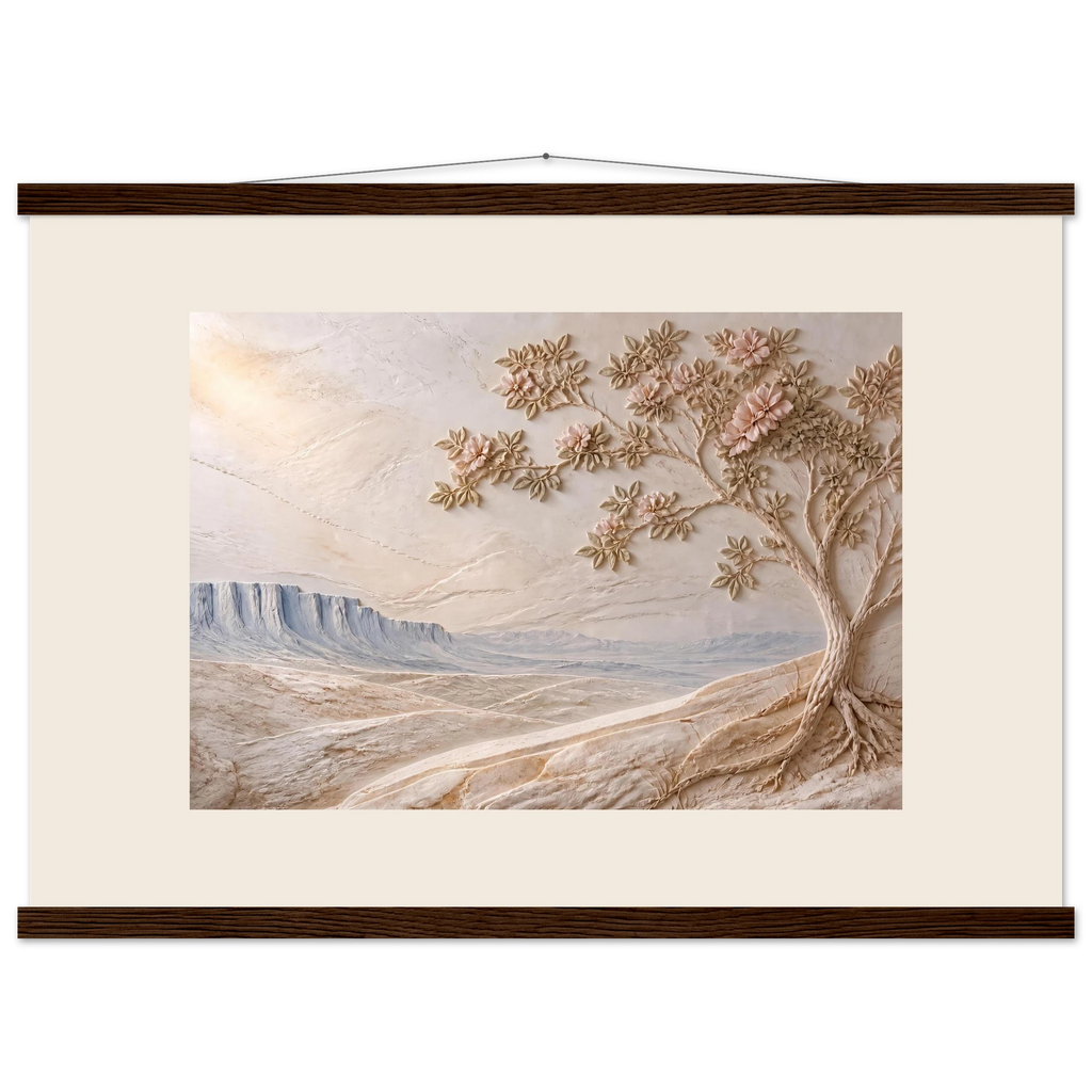 Cliffside Bloom, petra and flora. Archival fine art poster shown framed.