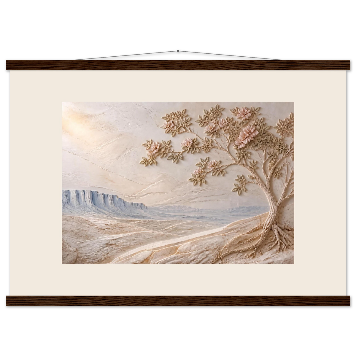 Cliffside Bloom, petra and flora. Archival fine art poster shown framed.