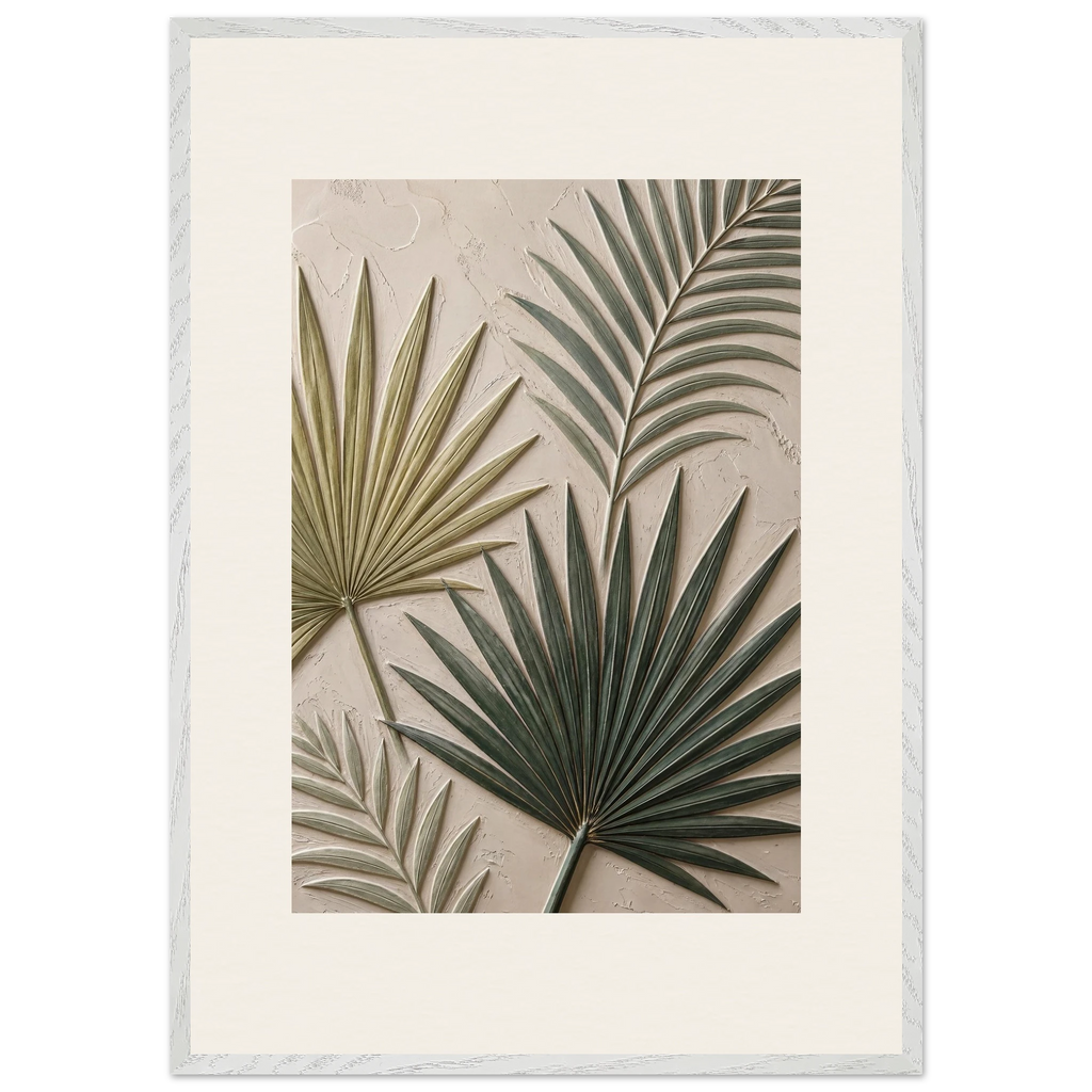 Carved Fronds: impasto, leaves and sand tones. Framed fine art print, alternate frame and size.