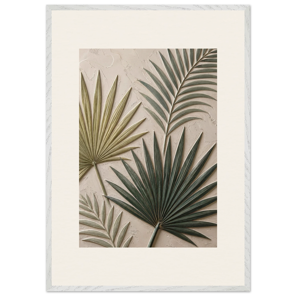 Carved Fronds: impasto, leaves and sand tones. Framed fine art print, alternate frame and size.