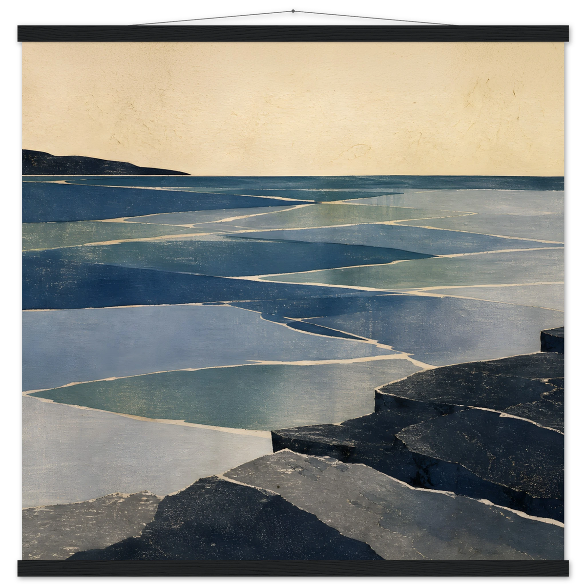 Indigo Tide: coastal landscape, jade water and japandi. Fine art poster with wooden hanger by The Light Stays.
