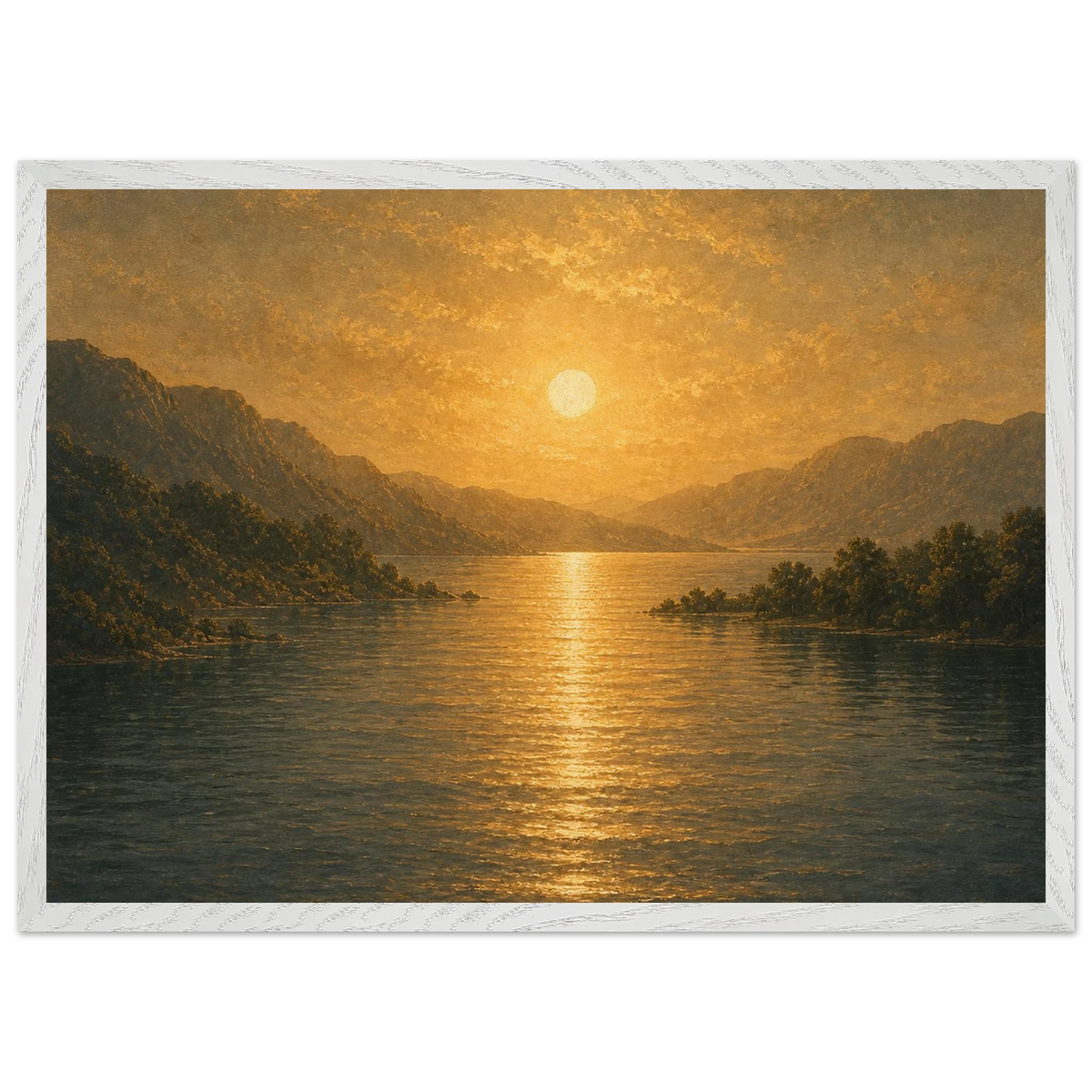 Golden Reflection: lake, sunset and mountains. Framed fine art print by The Light Stays.