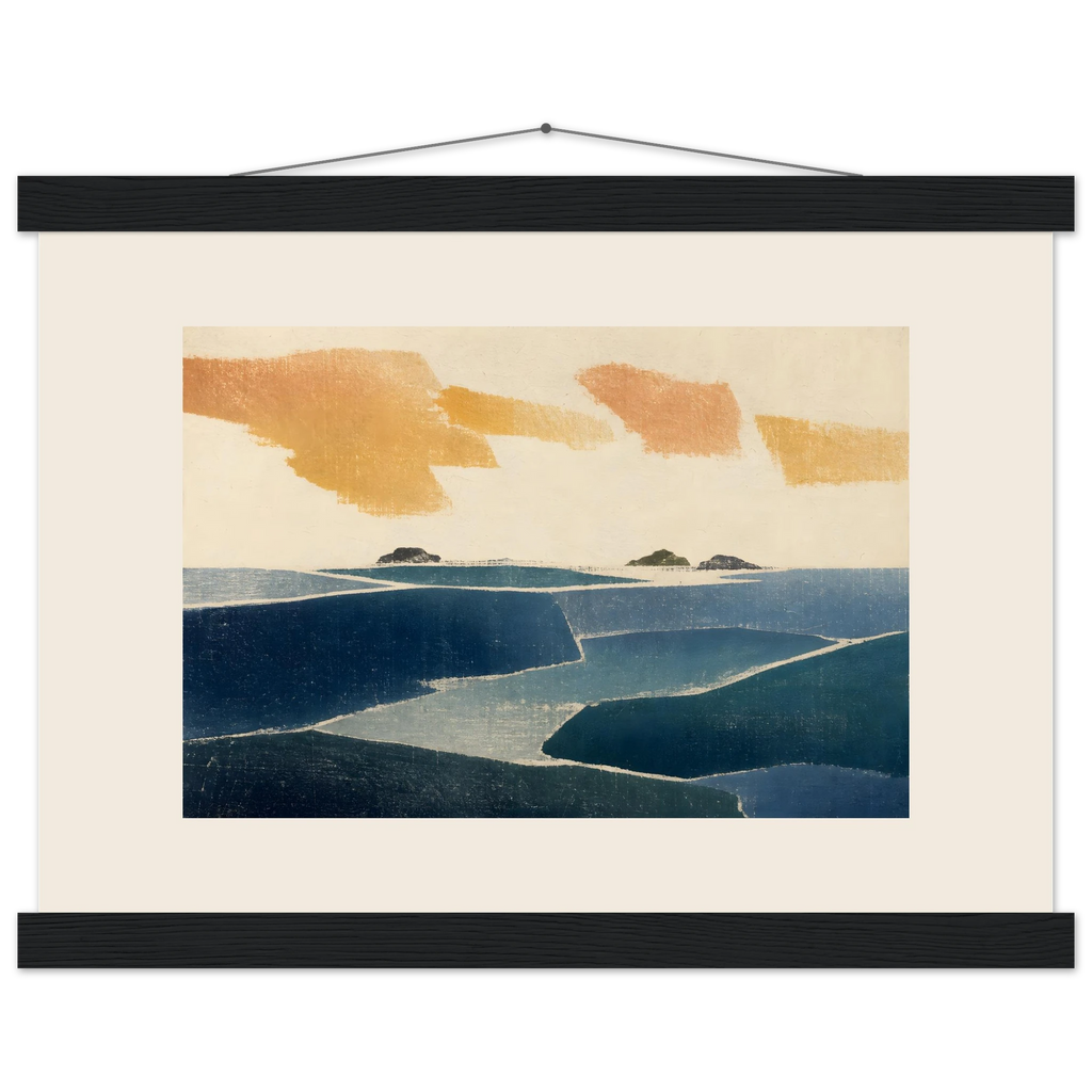Amber and Indigo: abstract, coastline and color field. Museum-quality fine art poster.