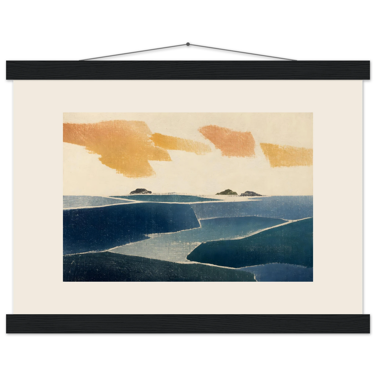 Amber and Indigo: abstract, coastline and color field. Museum-quality fine art poster.