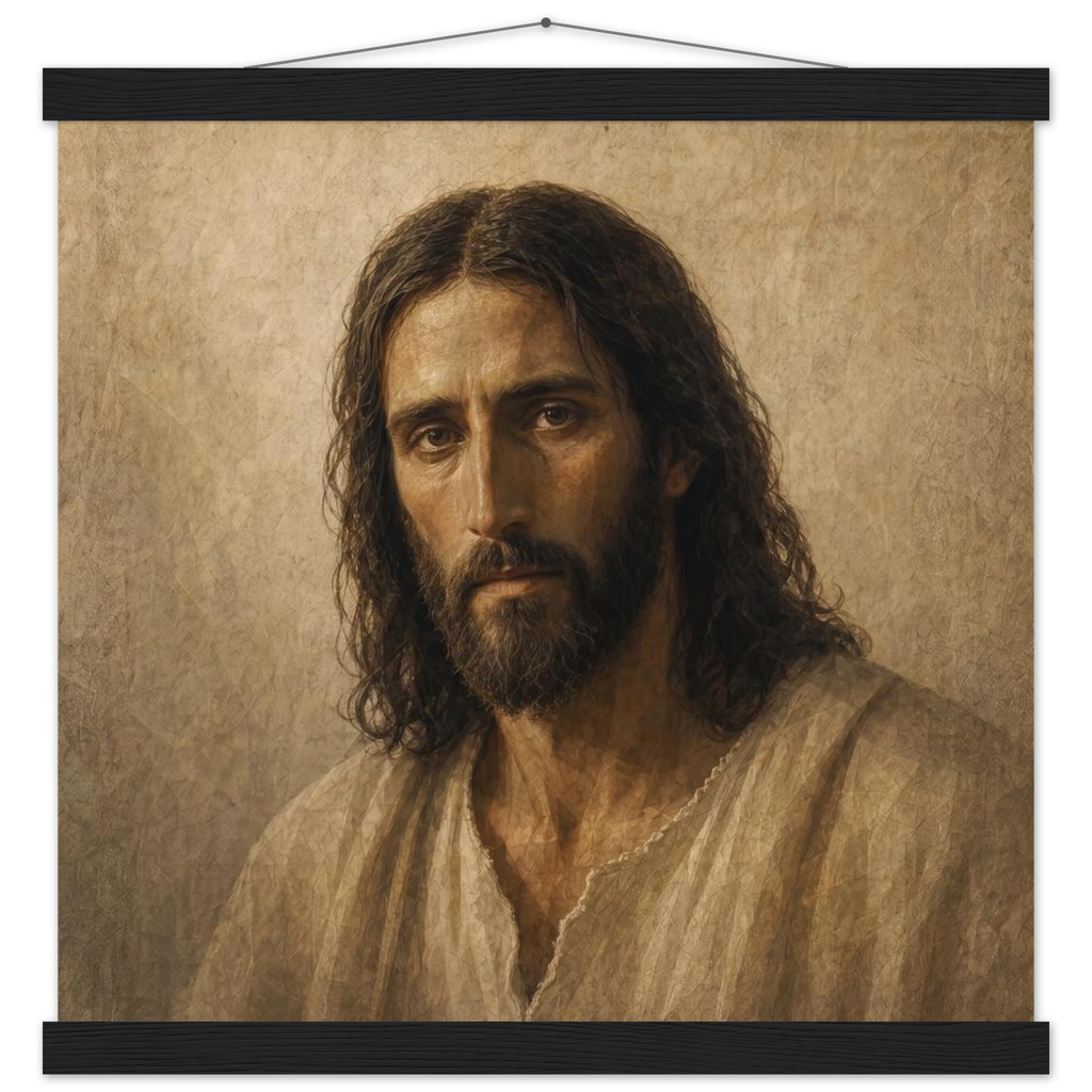 Pôster Kind Eyes com suporte de madeira, retrato sereno de Jesus em luz quente