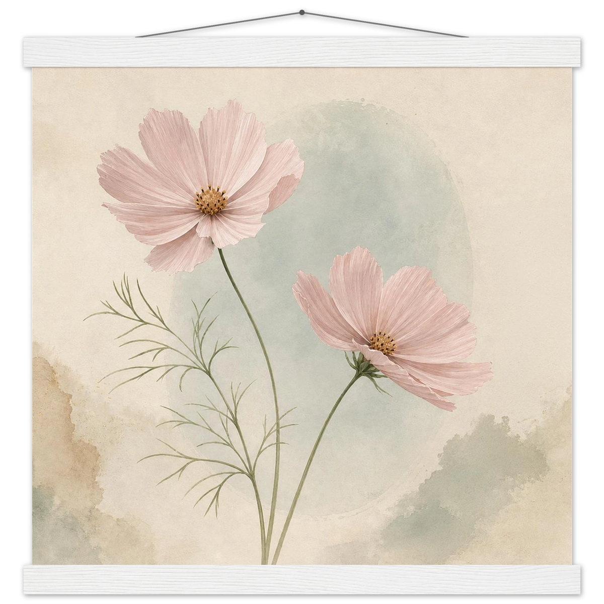 Cosmos Unison: flowers, blush and celadon. Fine art poster with wooden hanger by The Light Stays.