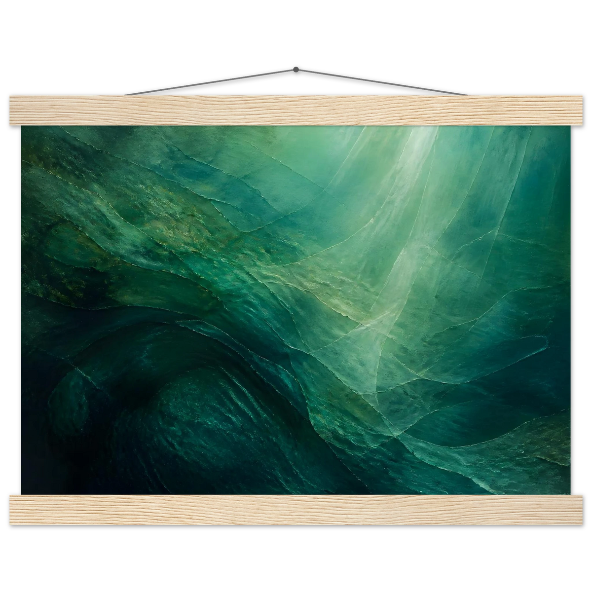 Jade Undertow: ocean, marine abstract and mineral green. Fine art poster with wooden hanger by The Light Stays.