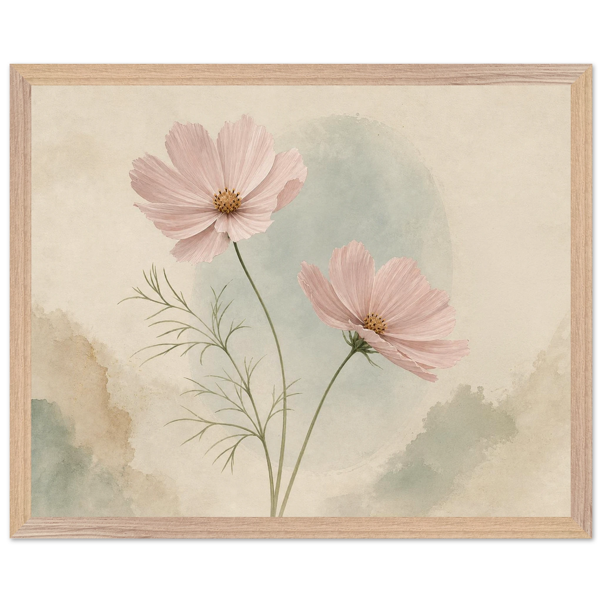 Cosmos Unison: flowers, blush and celadon. Framed fine art print by The Light Stays.