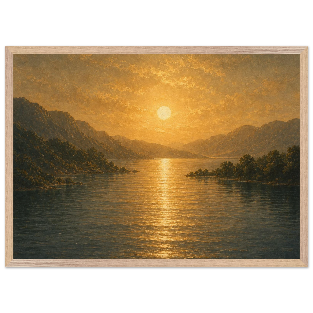Quadro emoldurado Reflexo Dourado, lago e montanhas sob luz dourada