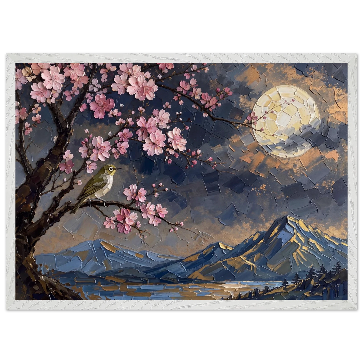 Blossom Moon: cherry blossom, japanese landscape and night. Framed fine art print by The Light Stays.
