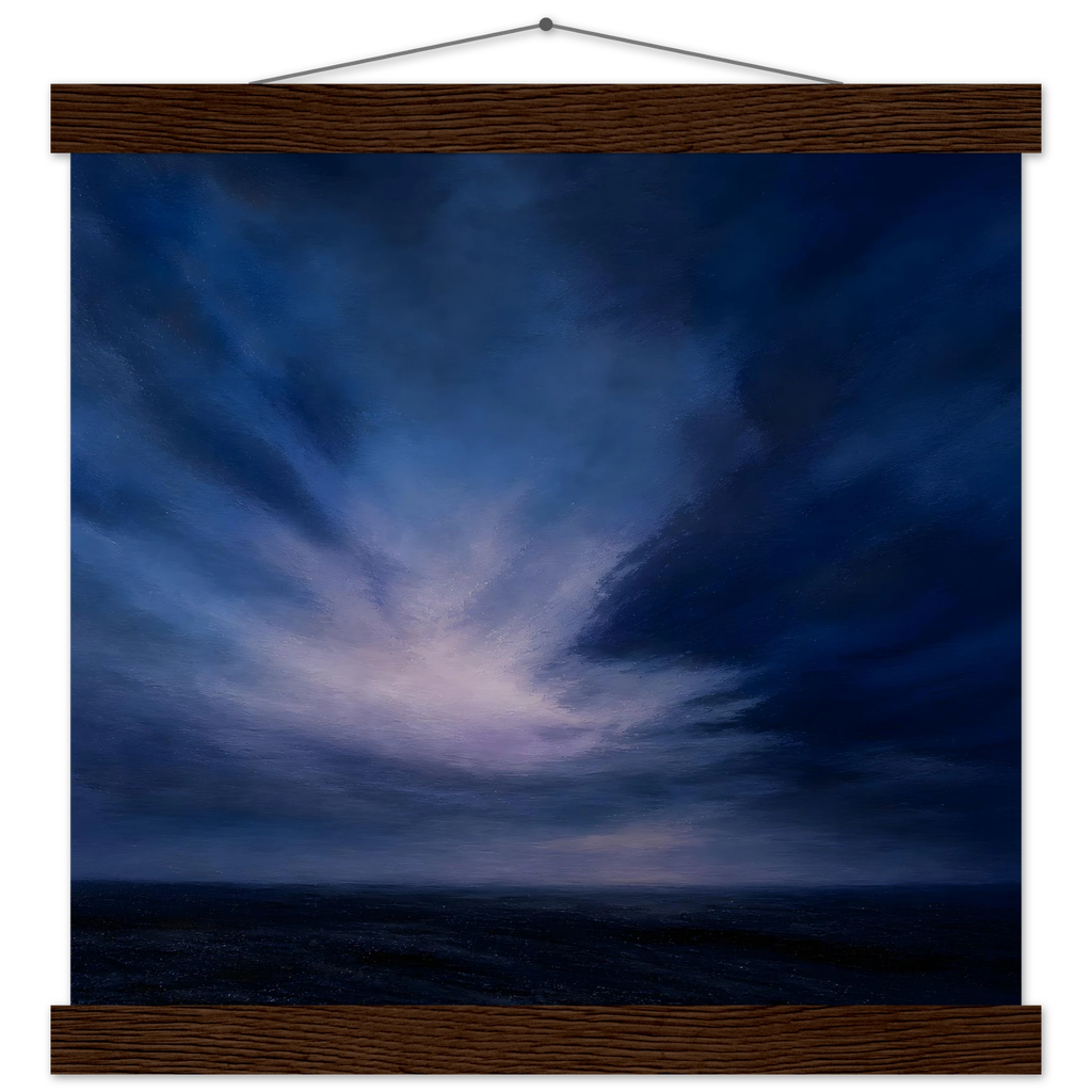 Blue Hour Field, night, horizon and deep blue. Archival fine art poster shown framed.