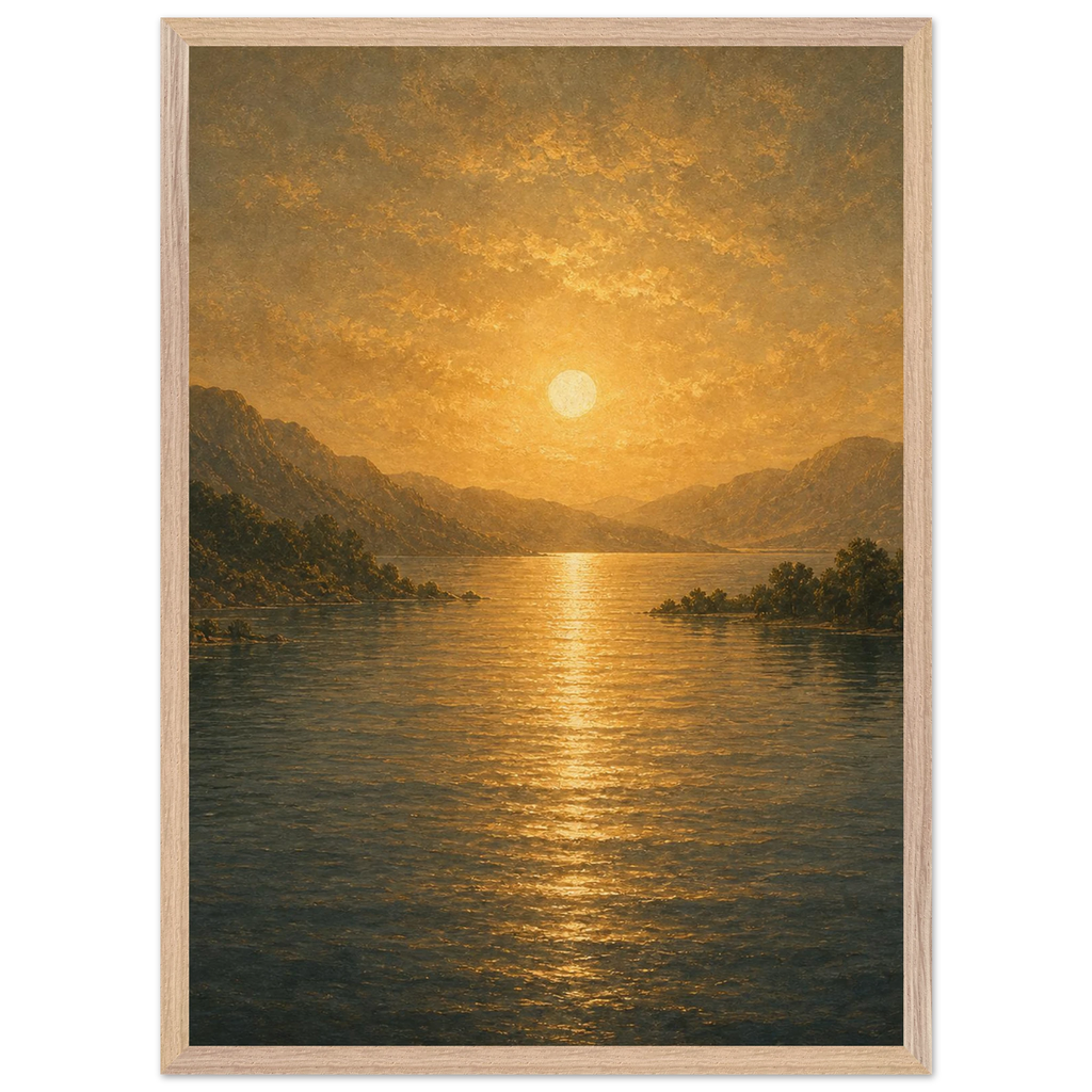 Quadro emoldurado Reflexo Dourado, lago e montanhas sob luz dourada