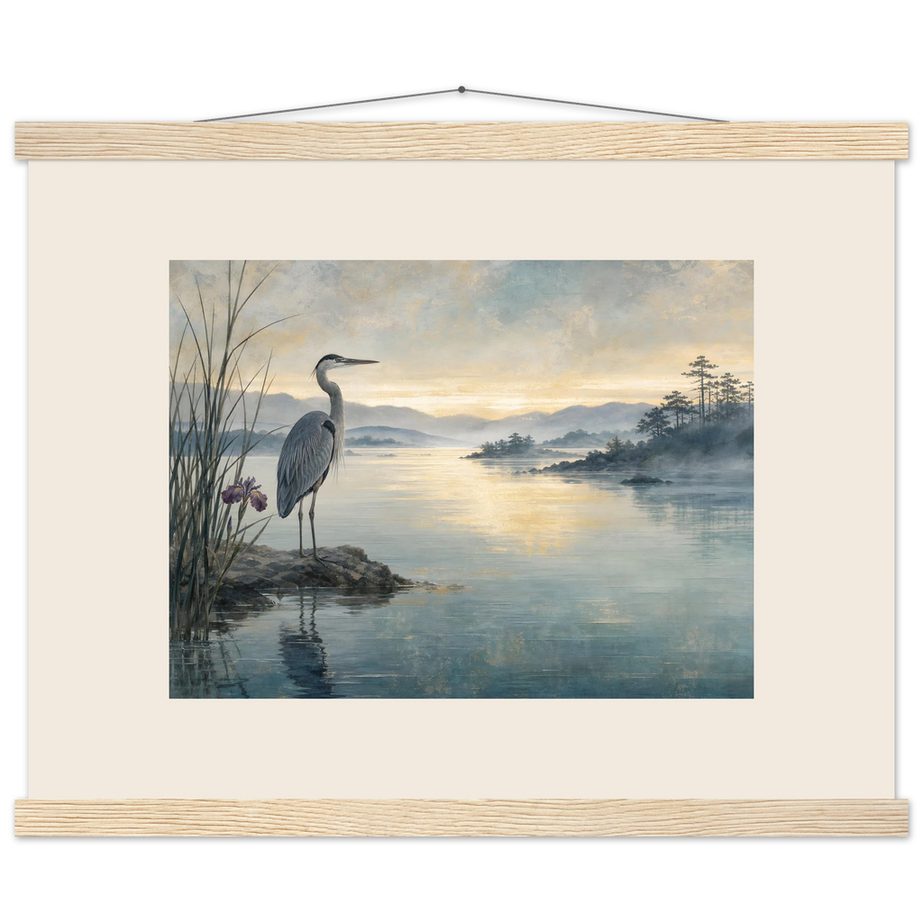 Heron at Dawn: japanese art and japandi. Museum-quality fine art poster.