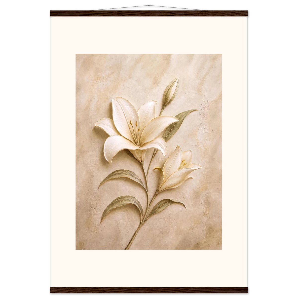 Alabaster Lily, flowers and botanical. Archival fine art poster shown framed.