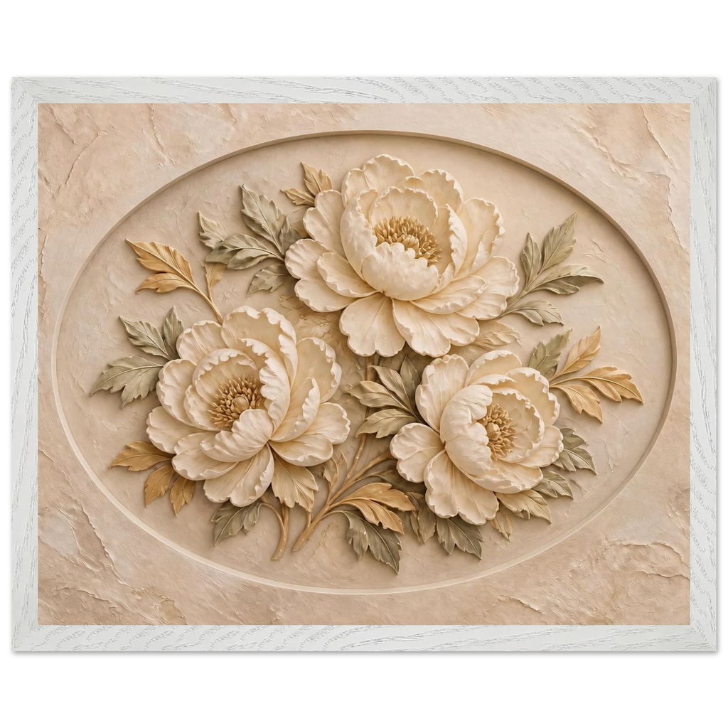 Peonies in Stone: flowers and botanical. Framed fine art print, alternate frame and size.