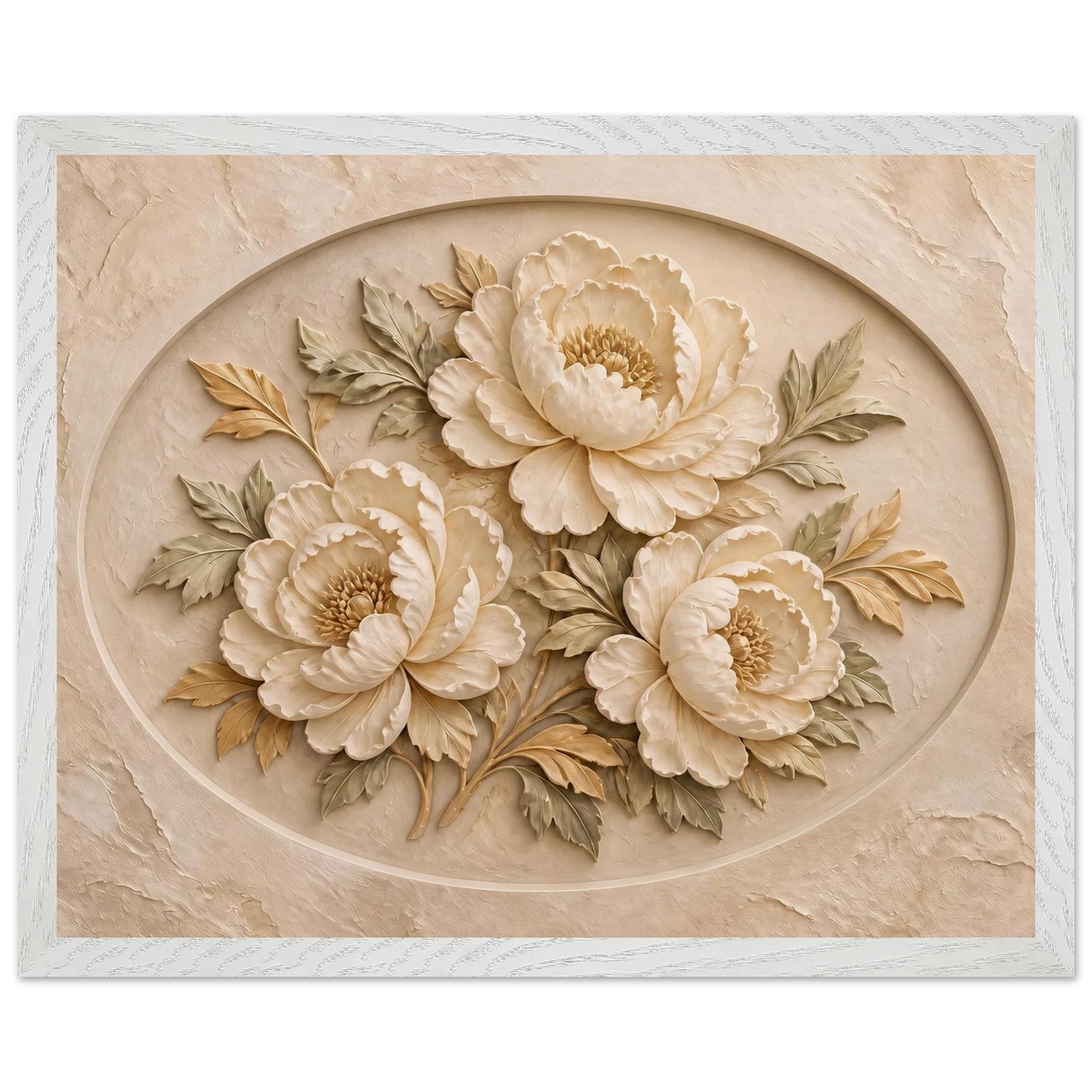 Peonies in Stone: flowers and botanical. Framed fine art print, alternate frame and size.