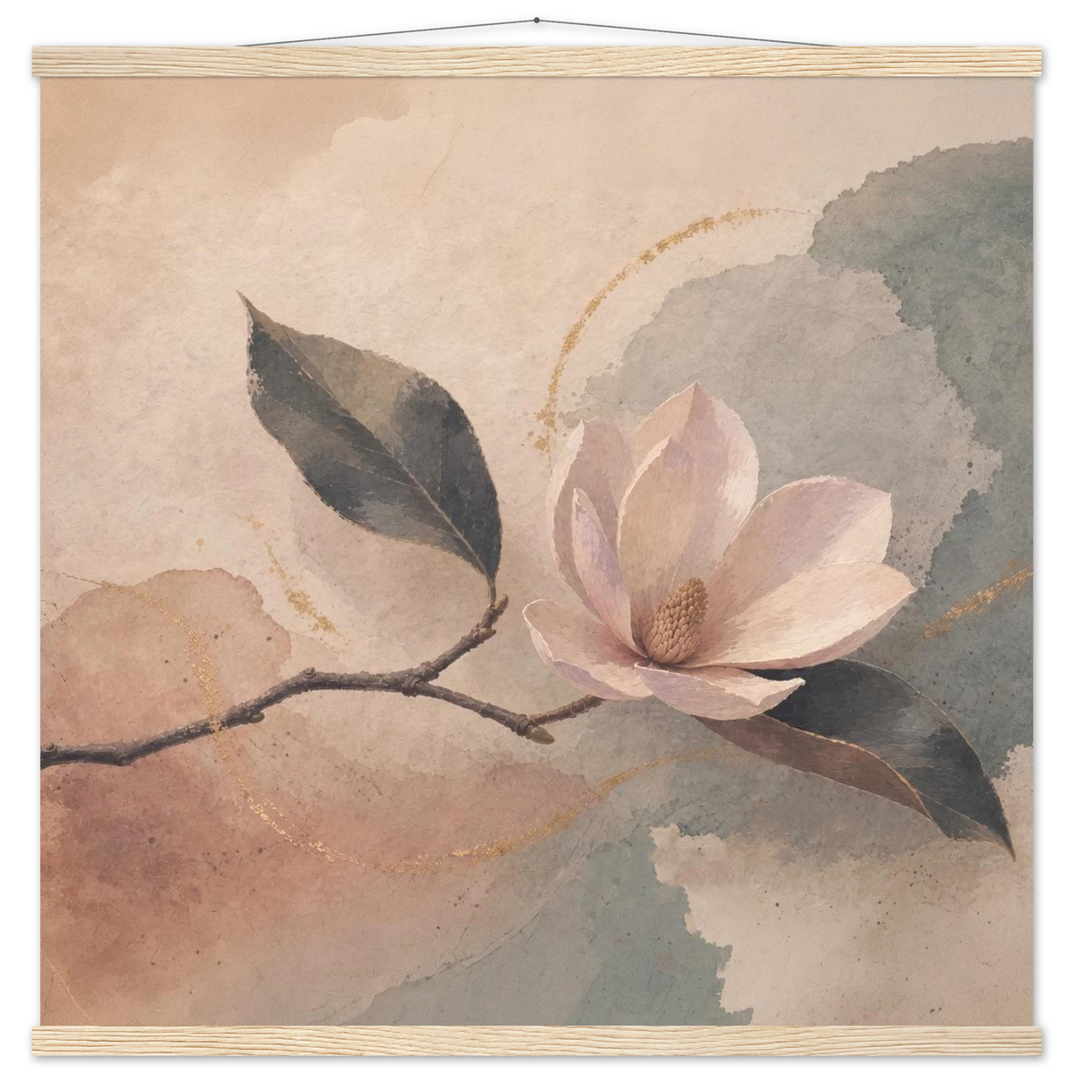Magnolia Reverie: botanical, sage and japandi. Fine art poster with wooden hanger by The Light Stays.