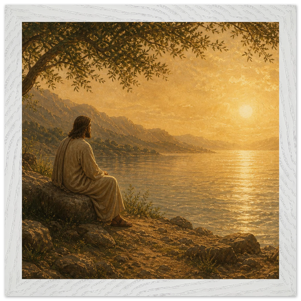 Quadro cristão Bênção do Lago, Jesus sob uma oliveira diante de um lago dourado