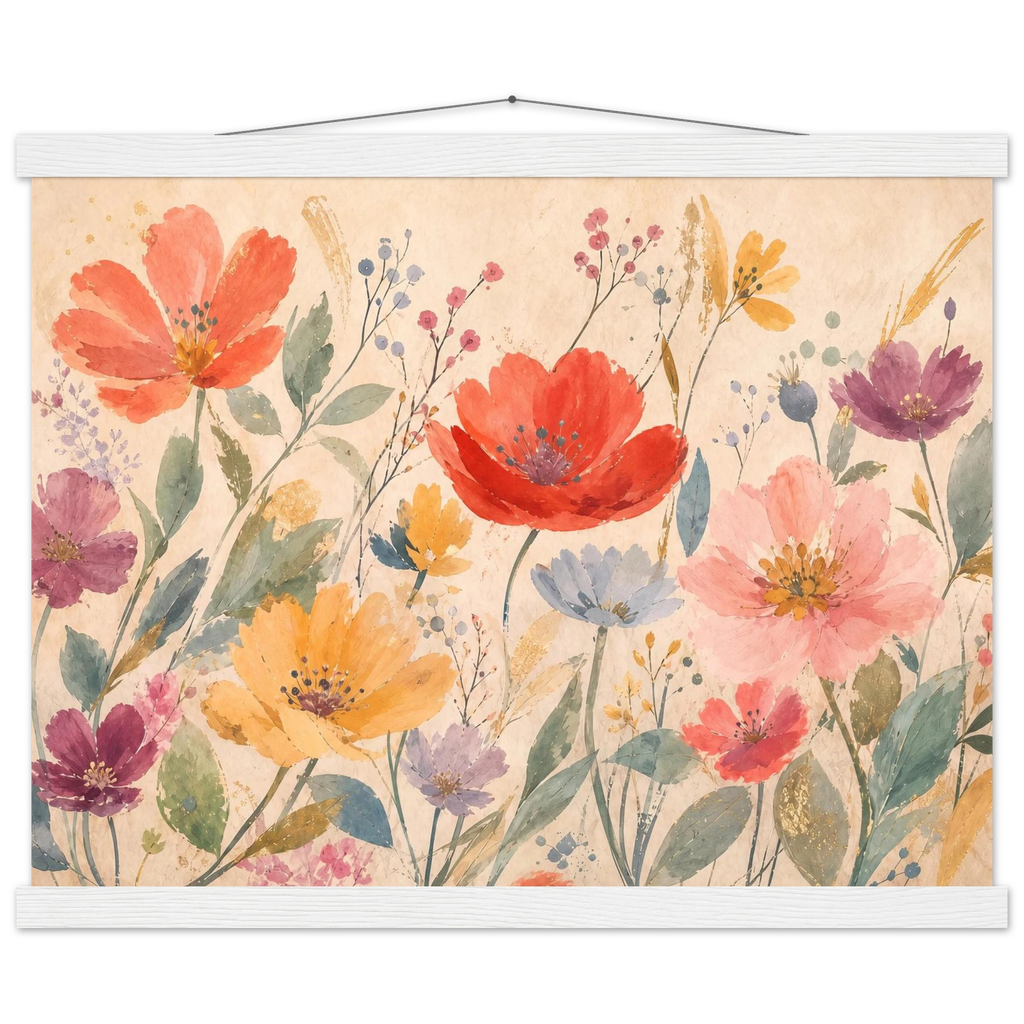 Floral Rhythm, flowers and botanical. Archival fine art poster shown framed.