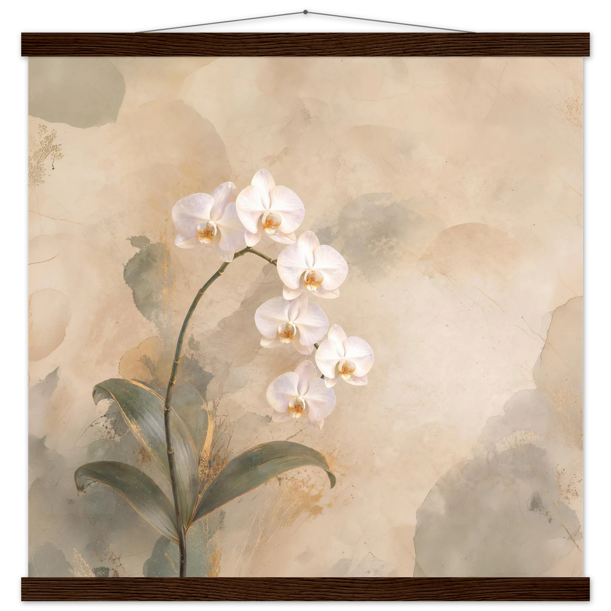 Orchid Luminance: botanical, pale gold and floral art. Fine art poster with wooden hanger by The Light Stays.