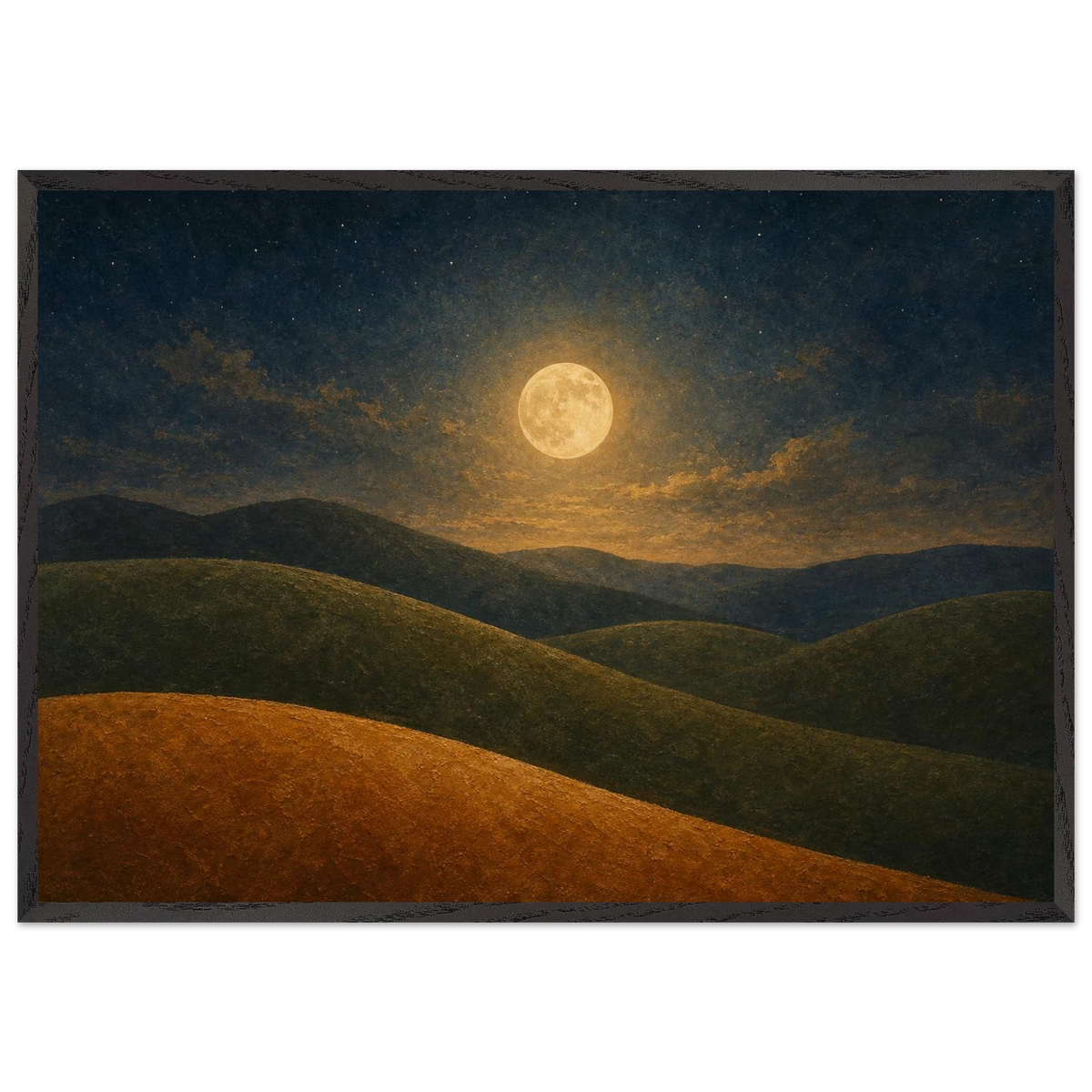 Moon Hills: night, minimalist landscape and charcoal. Framed fine art print by The Light Stays.