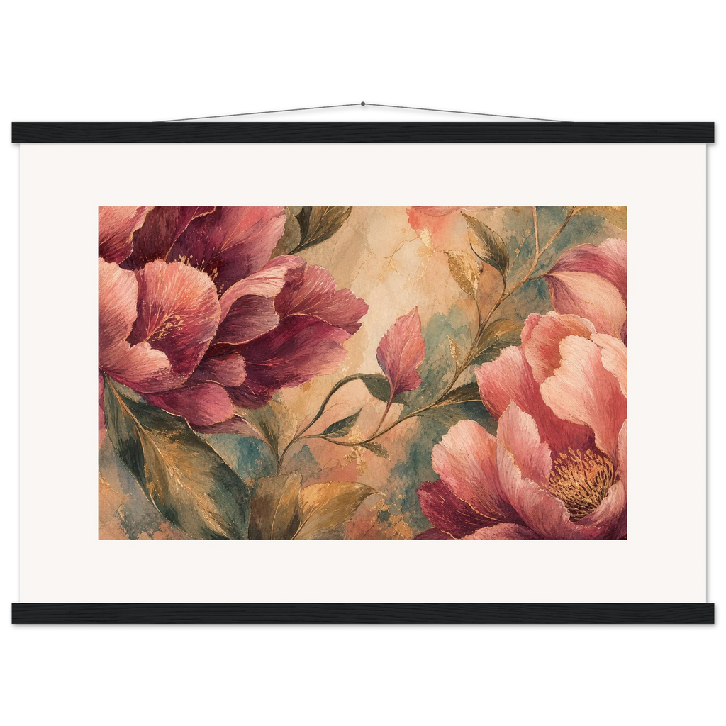 Crimson Peonies: flowers and botanical. Fine art poster, alternate frame and size.