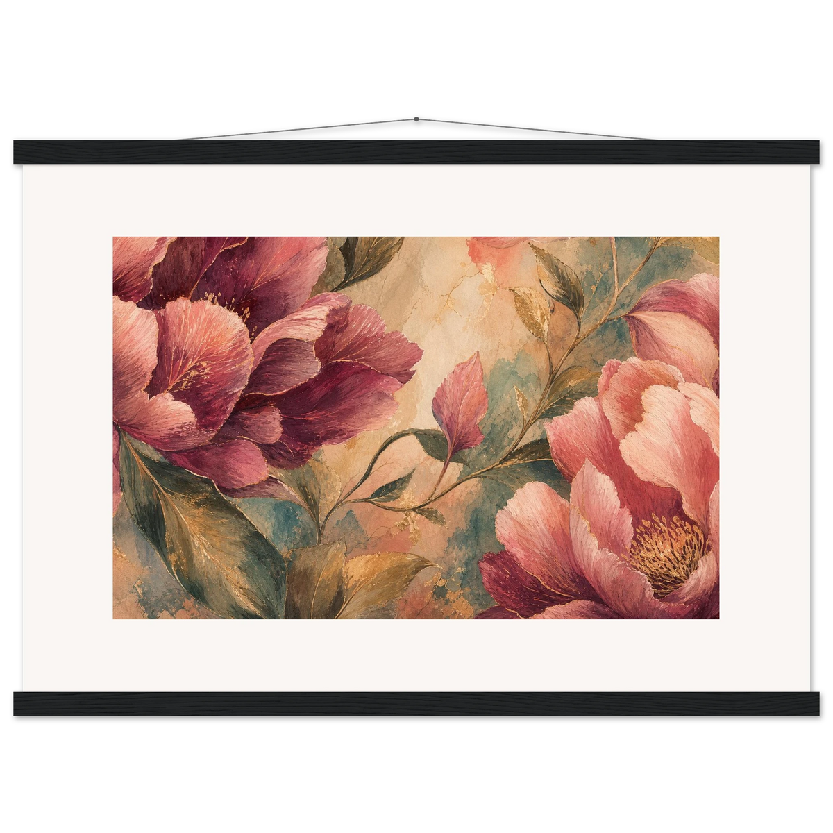 Crimson Peonies: flowers and botanical. Fine art poster, alternate frame and size.