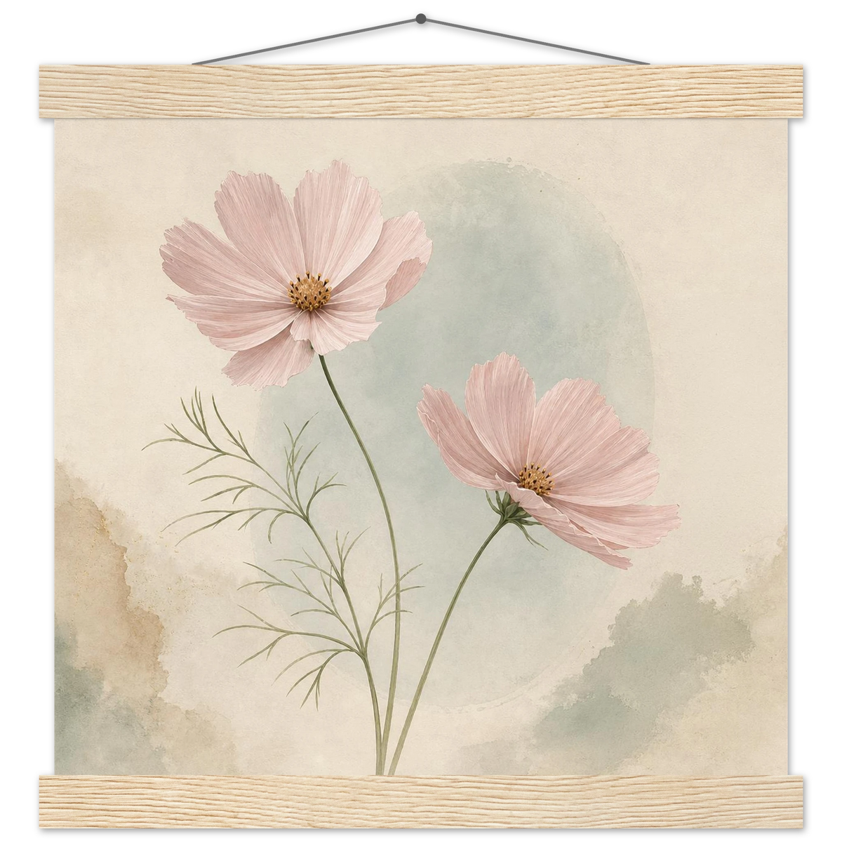 Cosmos Unison: flowers, blush and celadon. Fine art poster with wooden hanger by The Light Stays.
