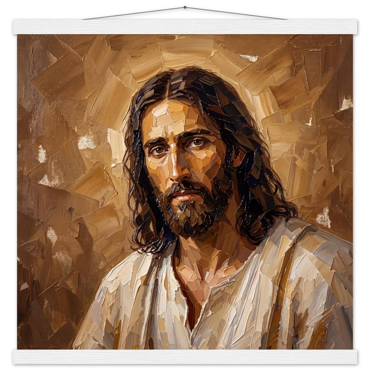 Kind Eyes: jesus, faith and serene gaze. Fine art poster with wooden hanger by The Light Stays.