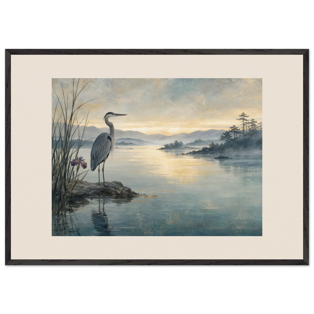 Heron at Dawn: japanese art and japandi. Framed fine art print, alternate frame and size.