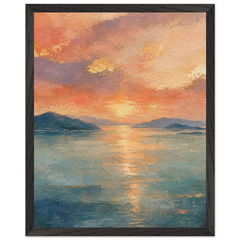 Setouchi Peach Dawn: riviera and japandi. Framed fine art print by The Light Stays.