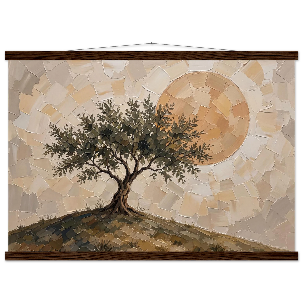 Olive Noon: hills, botanical and golden tones. Fine art poster with wooden hanger by The Light Stays.