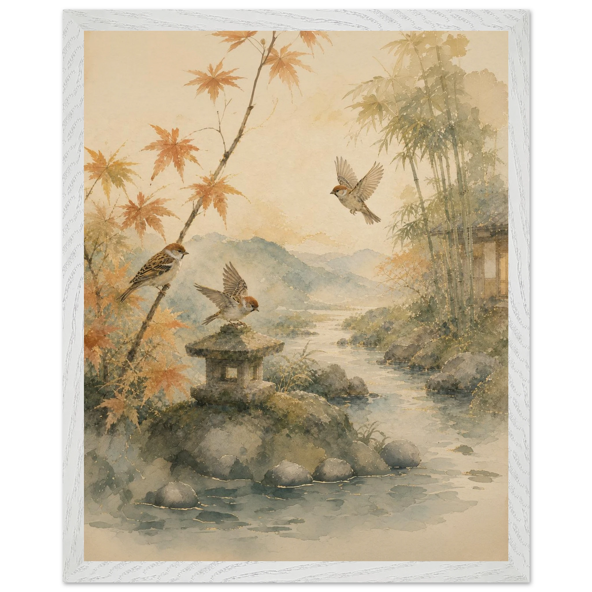 Three Birds Morning: birds, japanese landscape and japandi. Framed fine art print by The Light Stays.