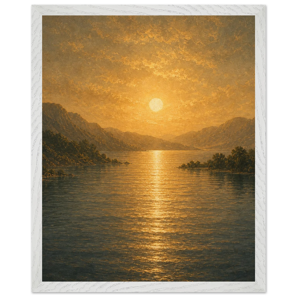 Quadro emoldurado Reflexo Dourado, lago e montanhas sob luz dourada