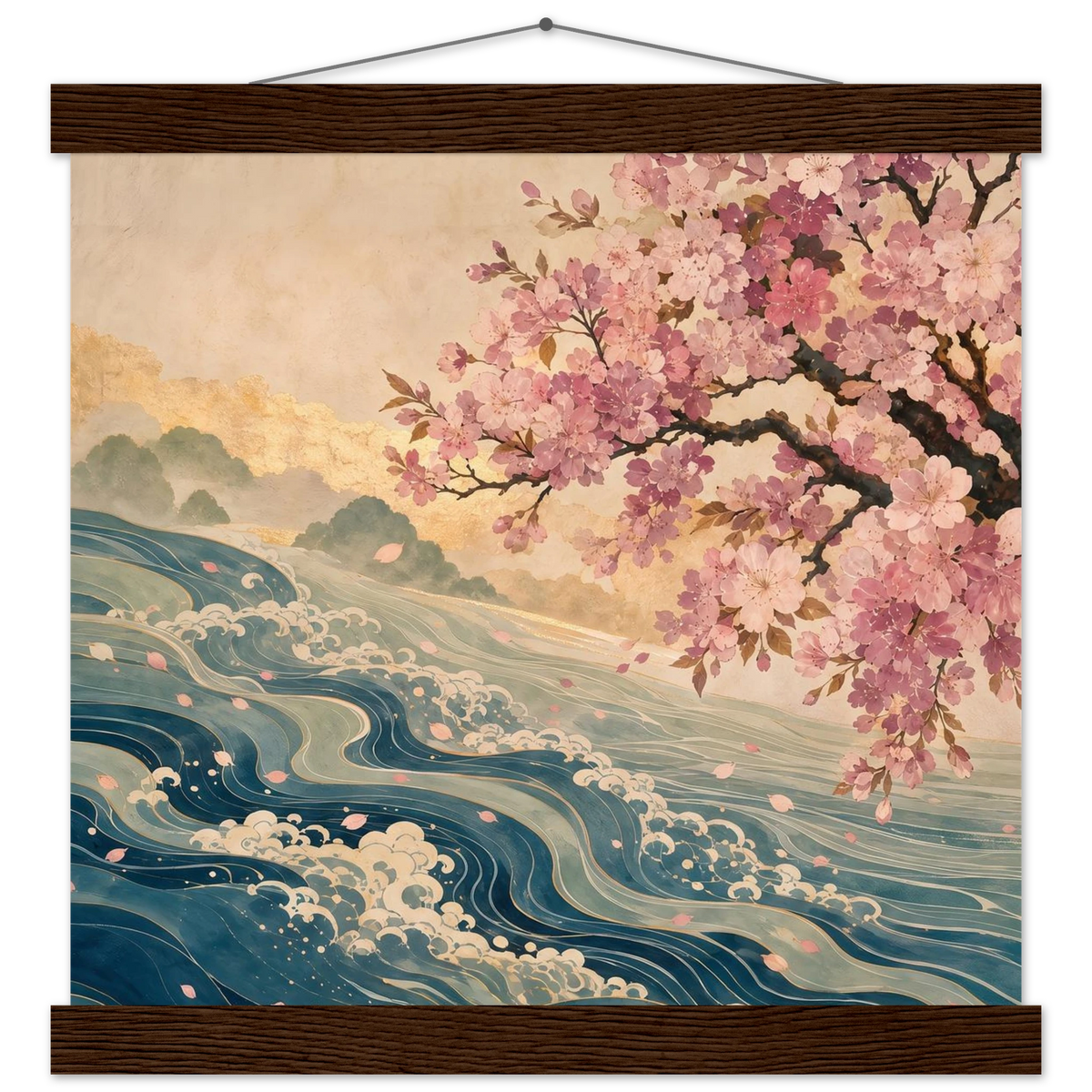 Blossom Tide: japanese art, cherry blossom and wave. Fine art poster with wooden hanger by The Light Stays.