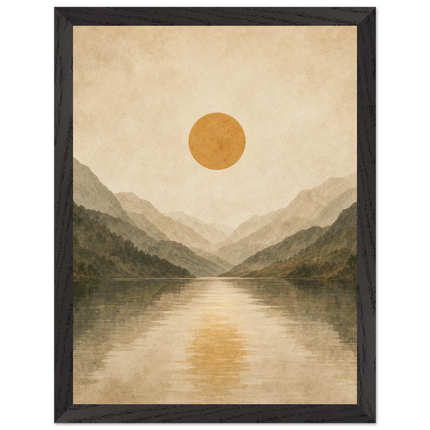Pintura minimalista de lago de montanha refletindo um sol quente em tons de areia e verde suave, em quadro emoldurado