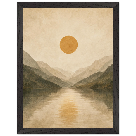 Pintura minimalista de lago de montanha refletindo um sol quente em tons de areia e verde suave, em quadro emoldurado