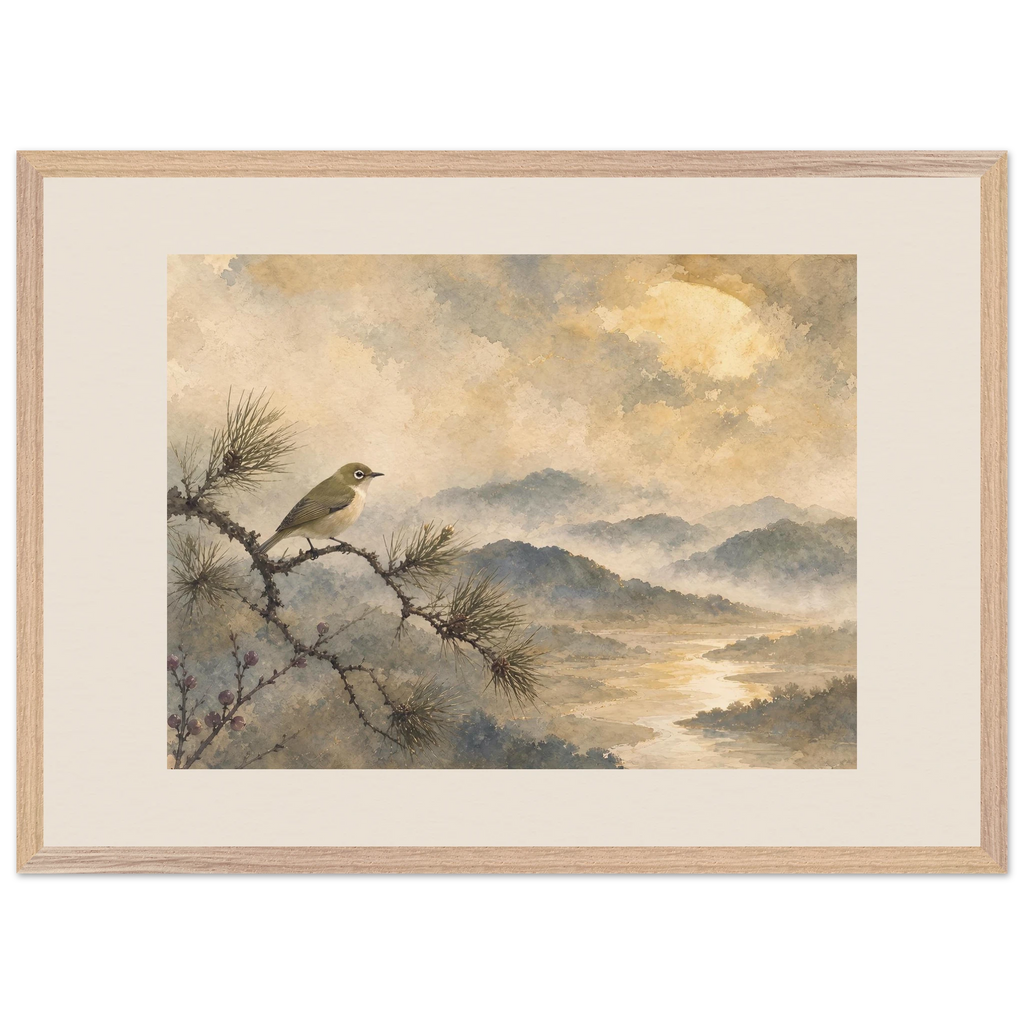 Golden Moon Bird: japanese art and japandi. Museum-quality framed fine art print.