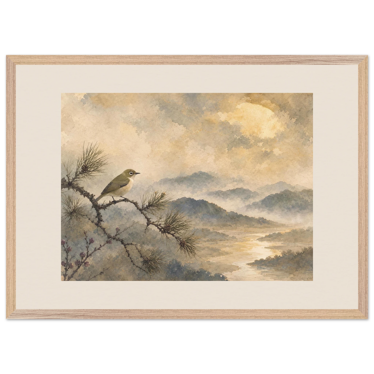 Golden Moon Bird: japanese art and japandi. Museum-quality framed fine art print.