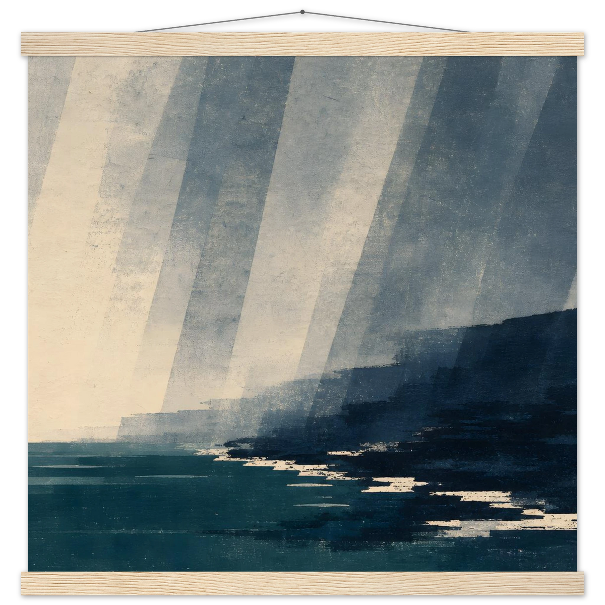 Rain Coast: japandi, teal blue and atmosphere. Fine art poster with wooden hanger by The Light Stays.