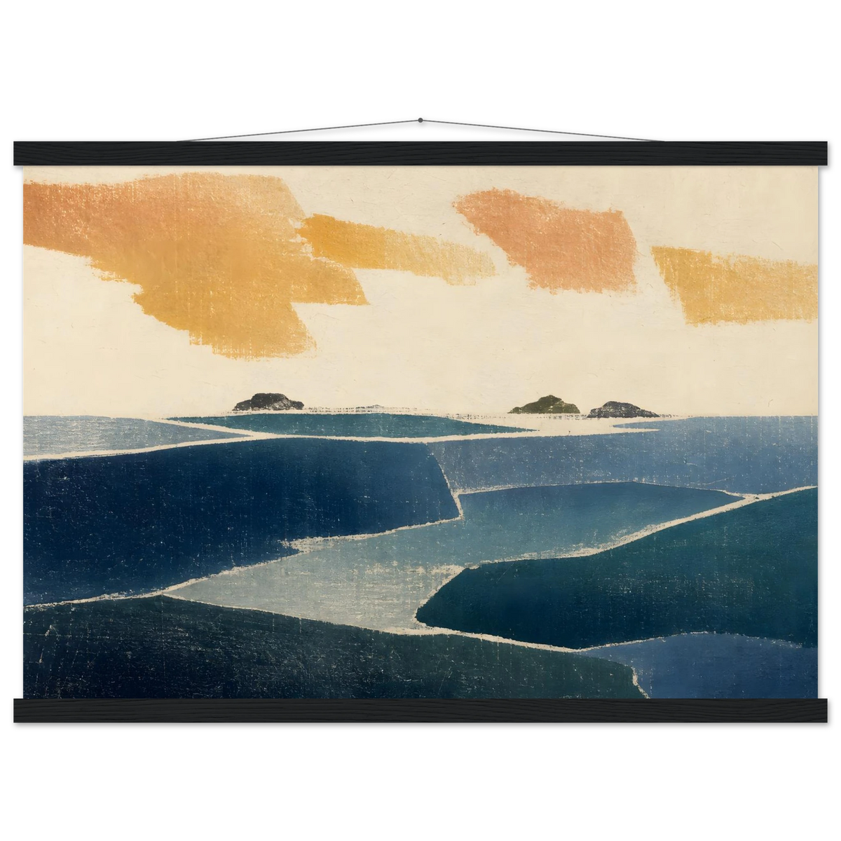 Amber and Indigo, abstract, coastline and color field. Archival fine art poster shown framed.