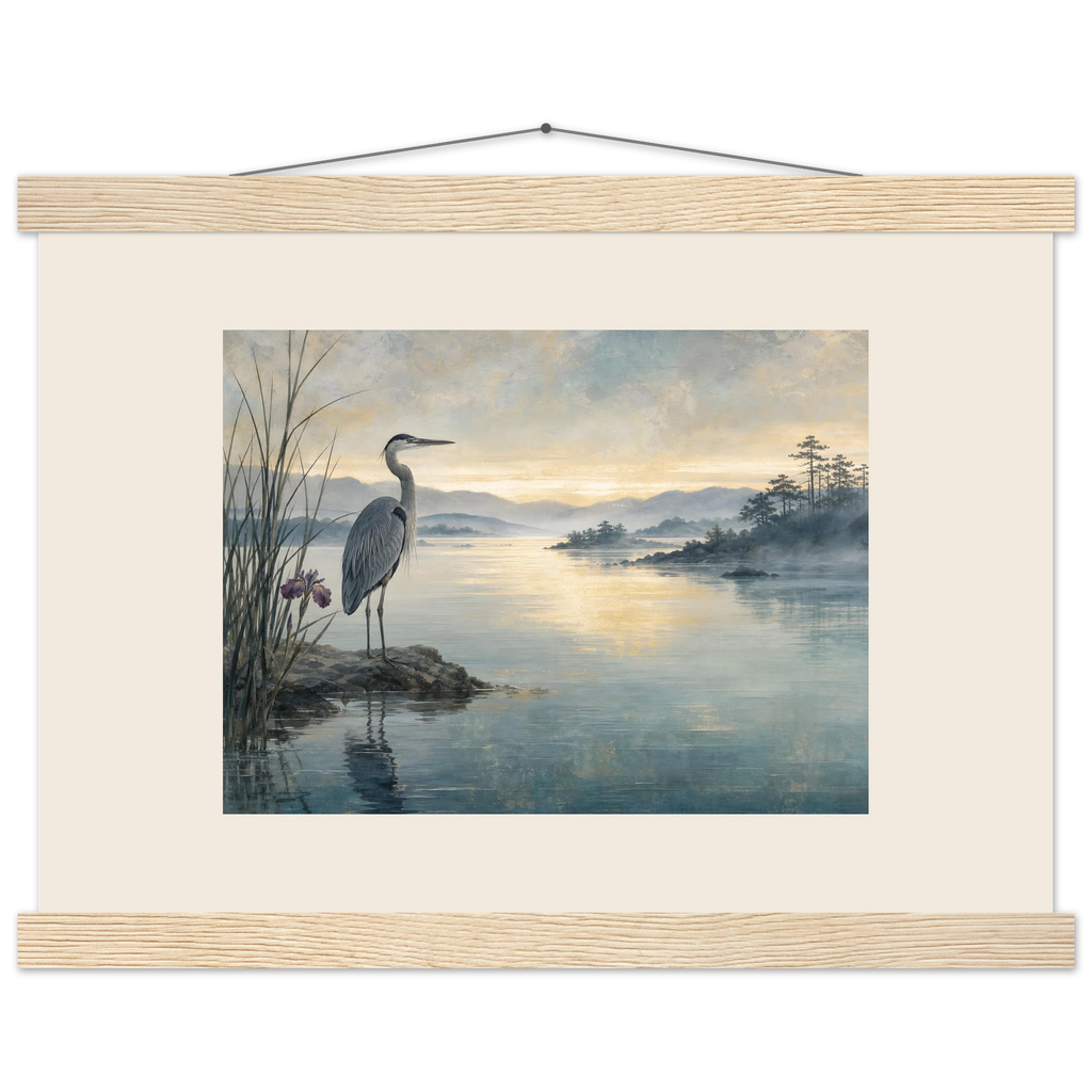 Heron at Dawn: japanese art and japandi. Fine art poster.