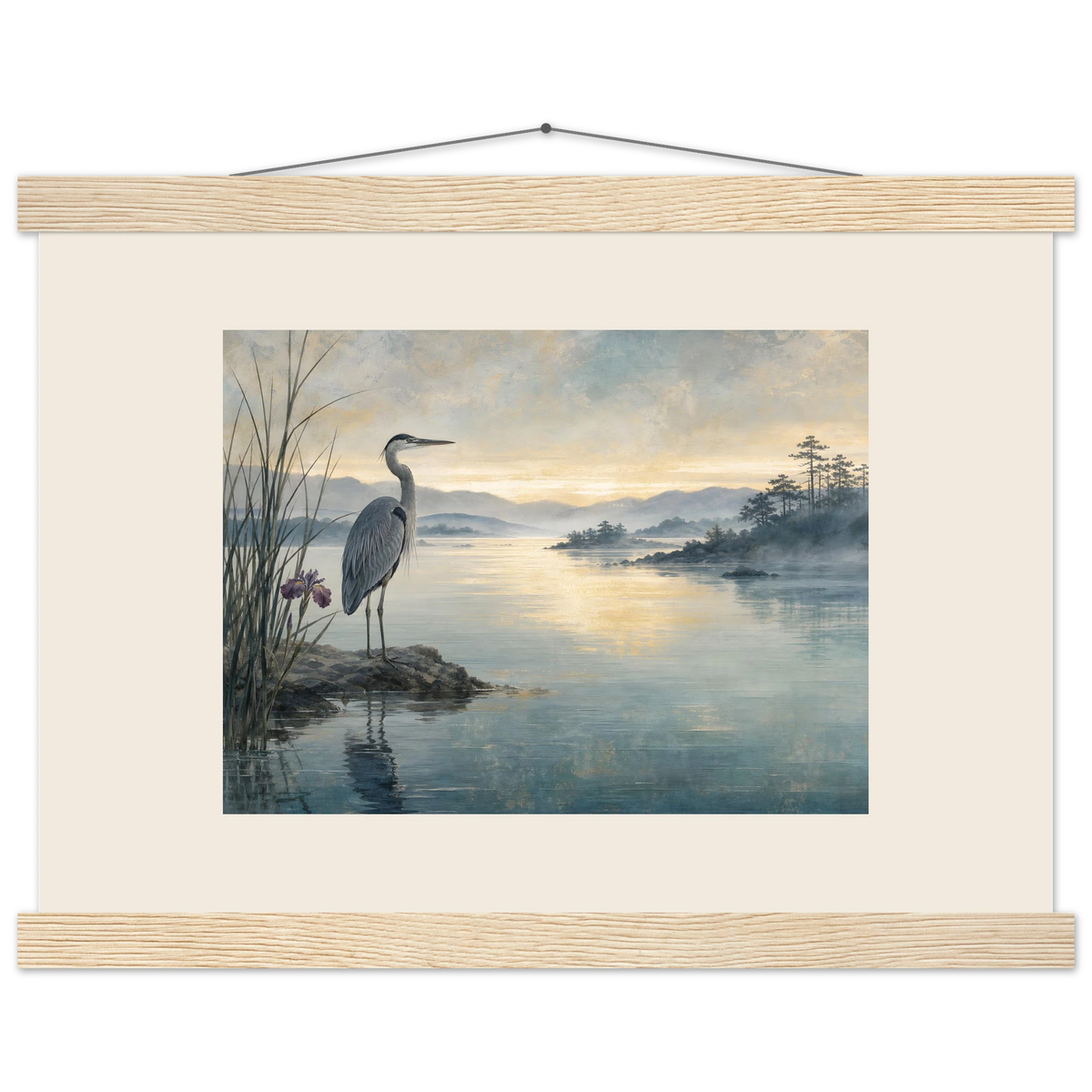 Heron at Dawn: japanese art and japandi. Fine art poster.